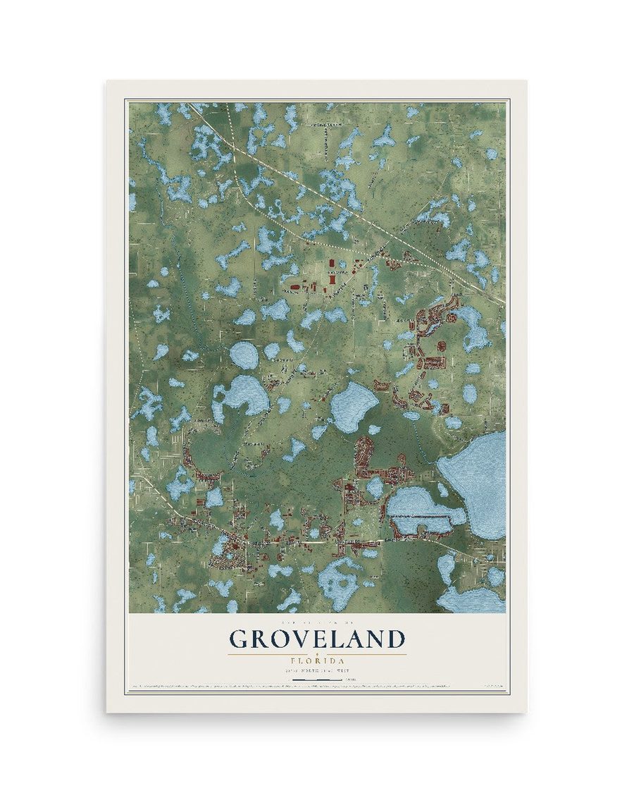 Groveland, Florida map print, 12 x 18 in, print only
