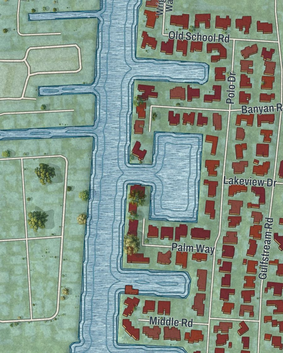 Close-up of Gulf Stream streets on the map