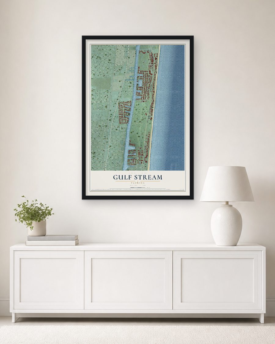 The Gulf Stream, Florida map, 24 x 36 in, in a black wood frame on a living room wall