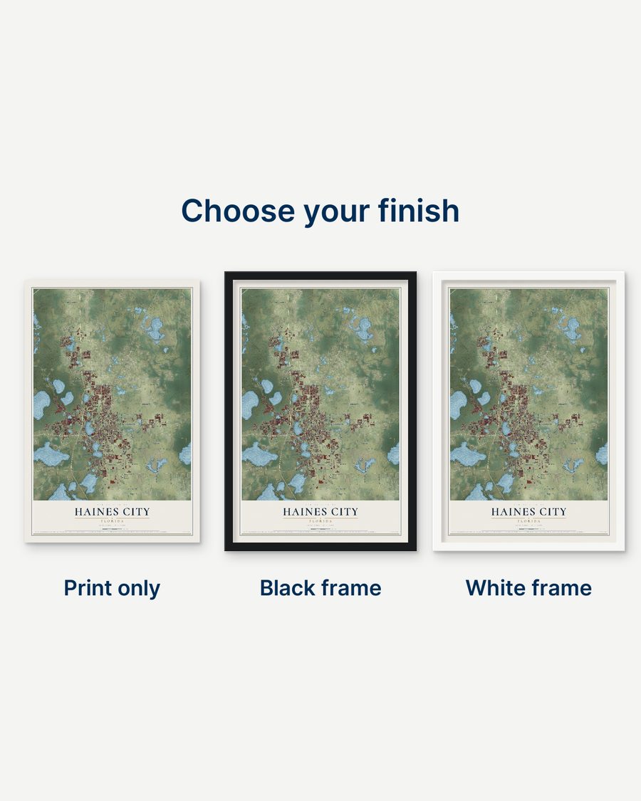 The Haines City, Florida map as a print only, in a black frame and in a white frame