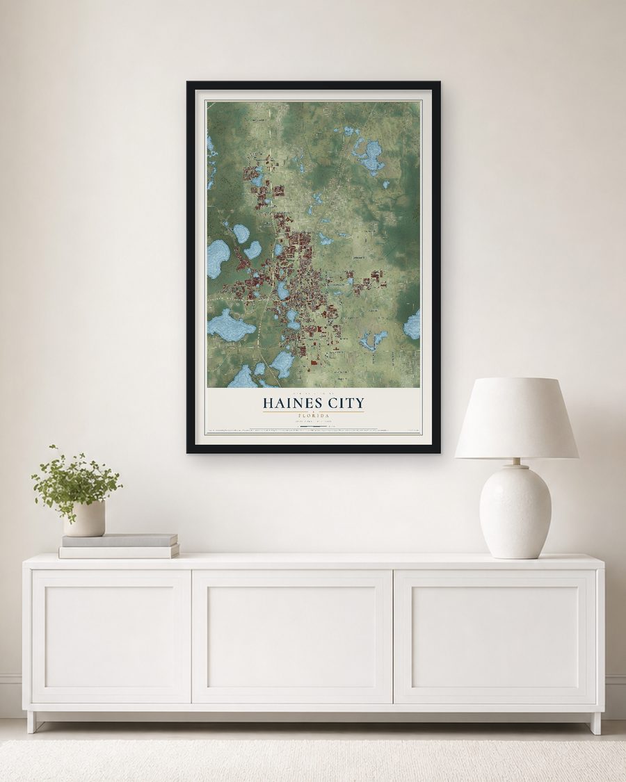 The Haines City, Florida map, 24 x 36 in, in a black wood frame on a living room wall