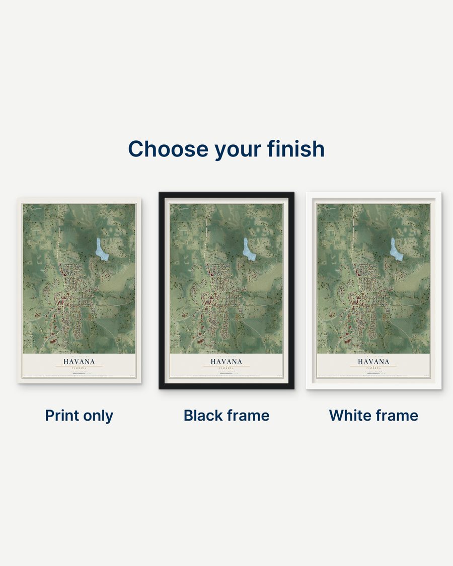 The Havana, Florida map as a print only, in a black frame and in a white frame
