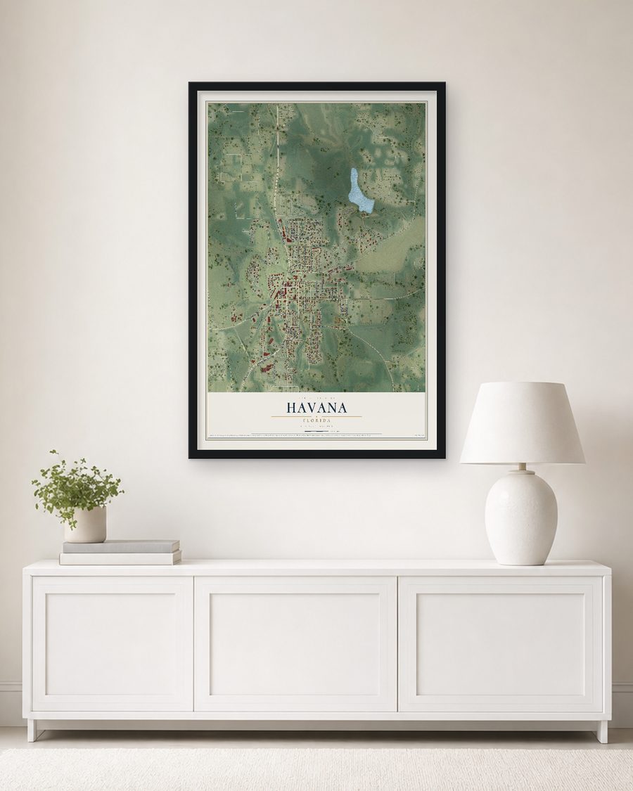 The Havana, Florida map, 24 x 36 in, in a black wood frame on a living room wall