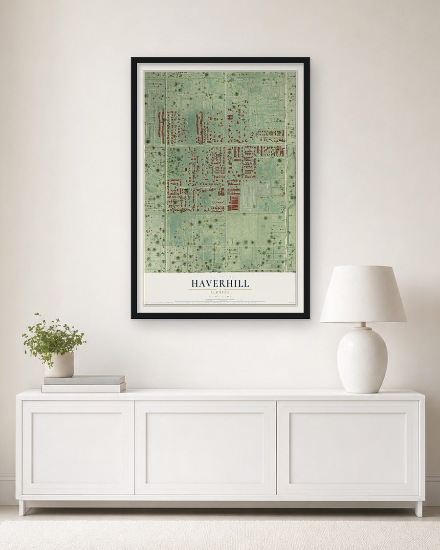 The Haverhill, Florida map, 24 x 36 in, in a black wood frame on a living room wall