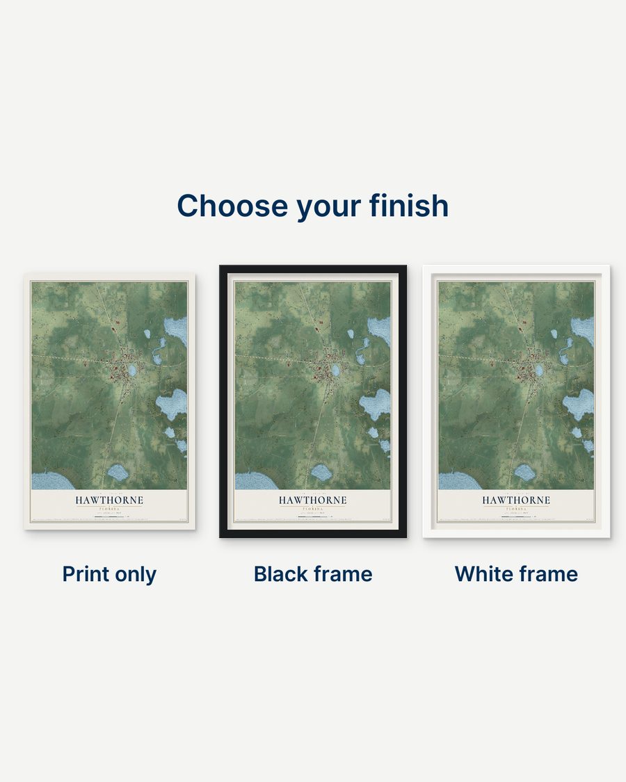 The Hawthorne, Florida map as a print only, in a black frame and in a white frame