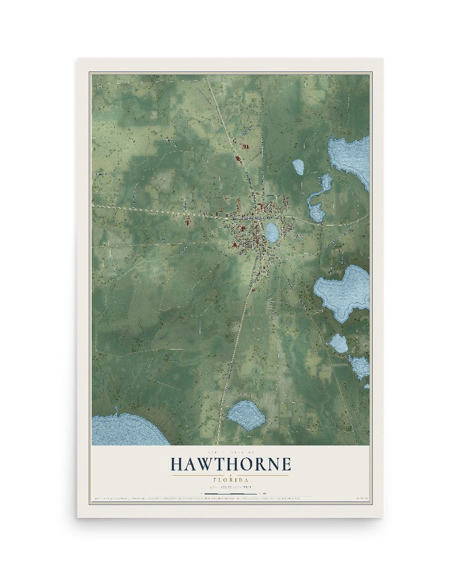 Hawthorne, Florida map print, 12 x 18 in, print only