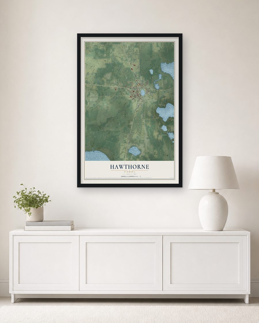 The Hawthorne, Florida map, 24 x 36 in, in a black wood frame on a living room wall