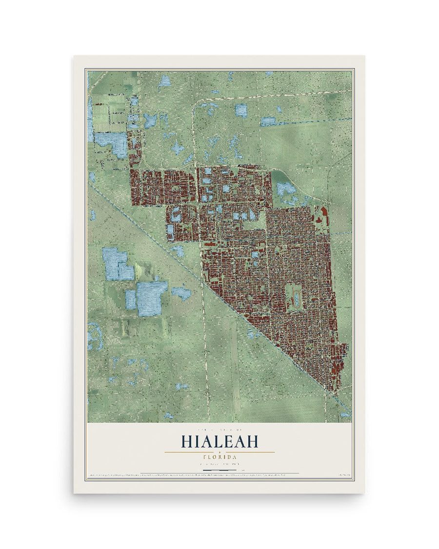 Hialeah, Florida map print, 12 x 18 in, print only