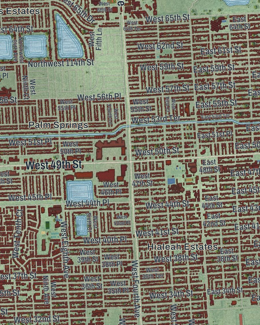 Close-up of Hialeah streets on the map