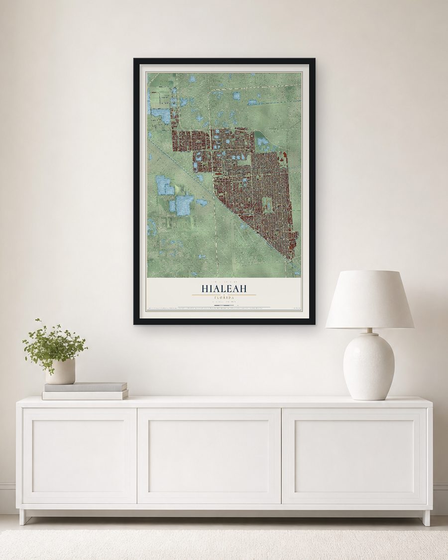 The Hialeah, Florida map, 24 x 36 in, in a black wood frame on a living room wall