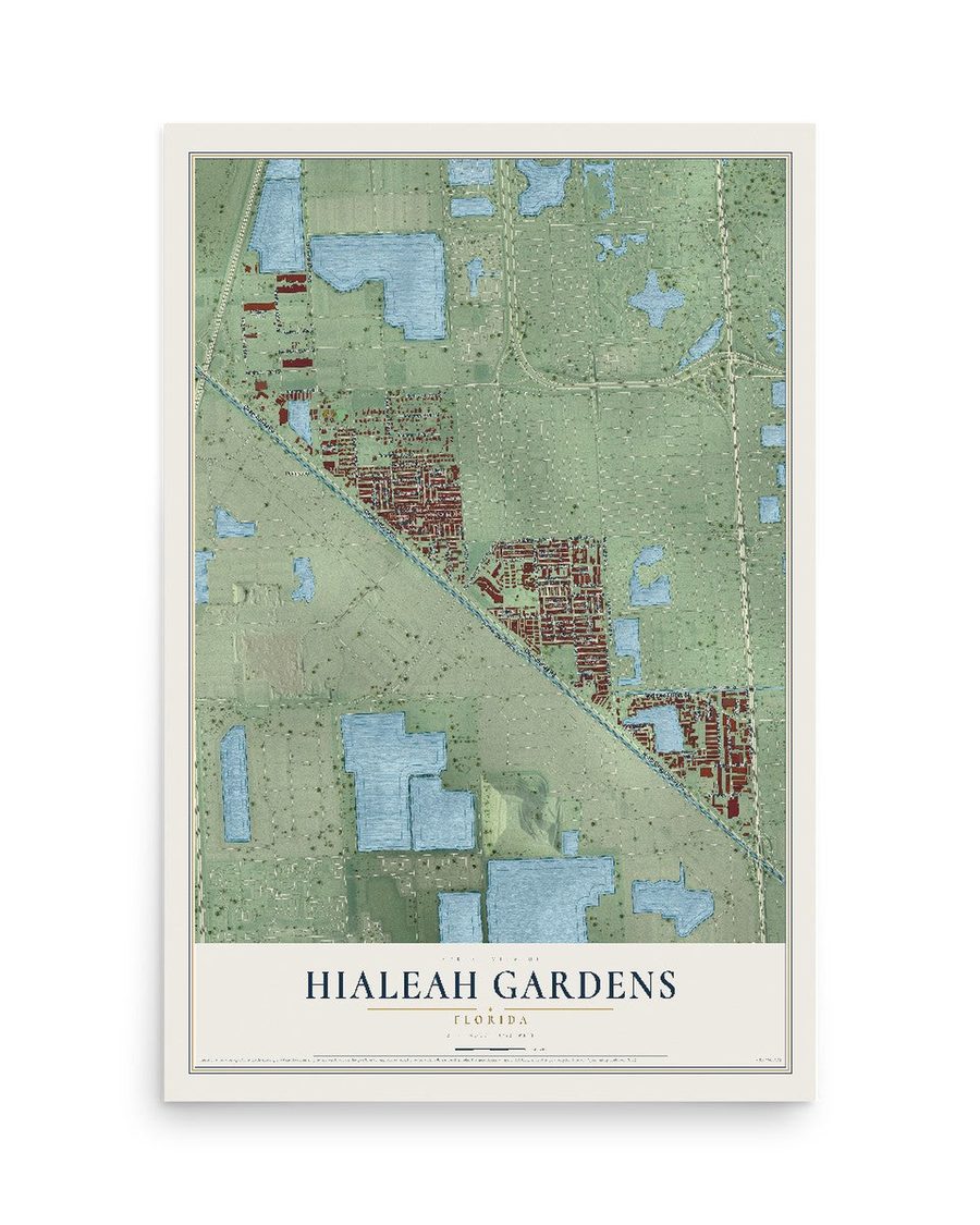 Hialeah Gardens, Florida map print, 12 x 18 in, print only