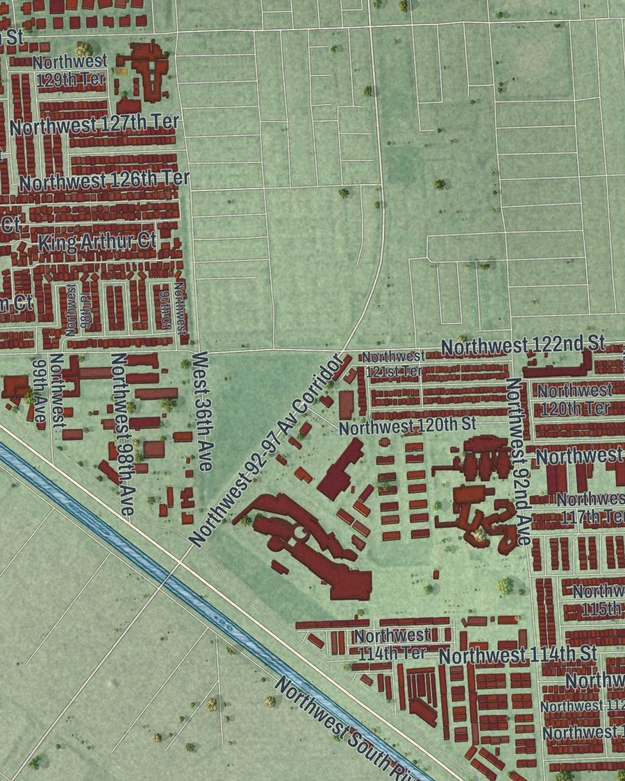 Close-up of Hialeah Gardens streets on the map