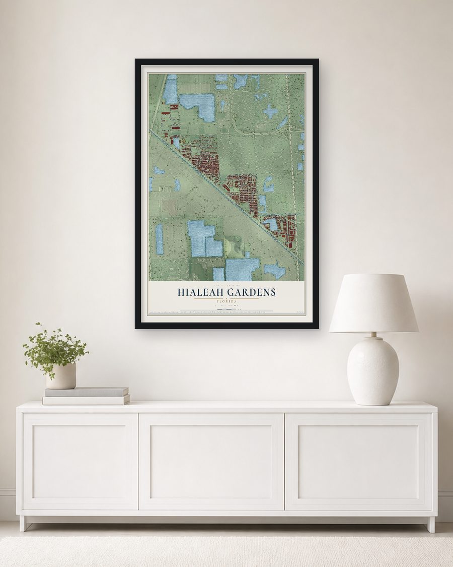 The Hialeah Gardens, Florida map, 24 x 36 in, in a black wood frame on a living room wall