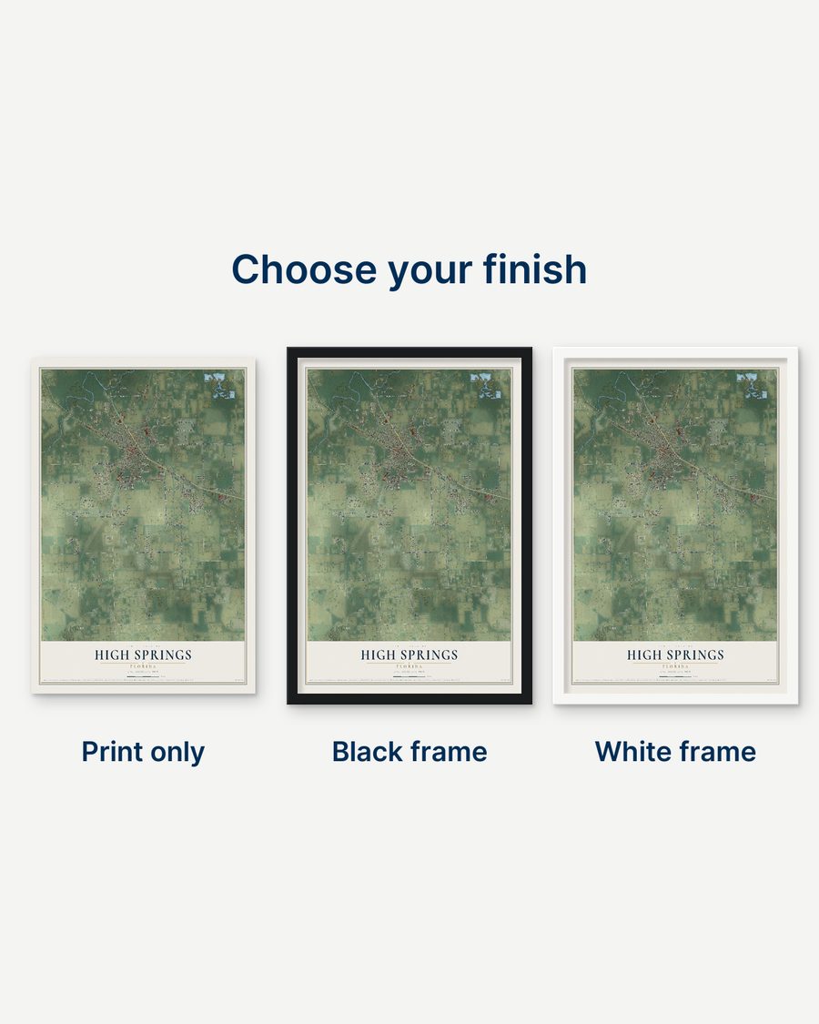 The High Springs, Florida map as a print only, in a black frame and in a white frame