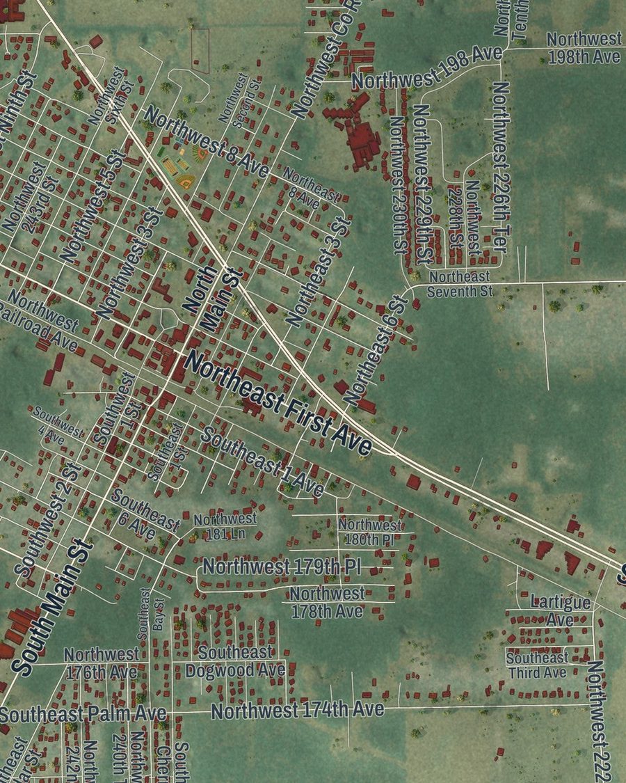 Close-up of High Springs streets on the map