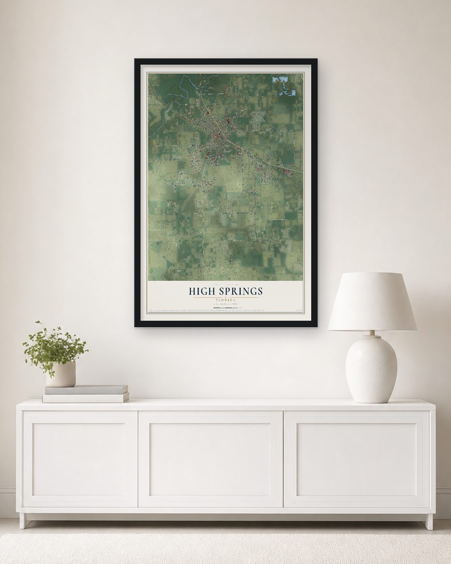 The High Springs, Florida map, 24 x 36 in, in a black wood frame on a living room wall