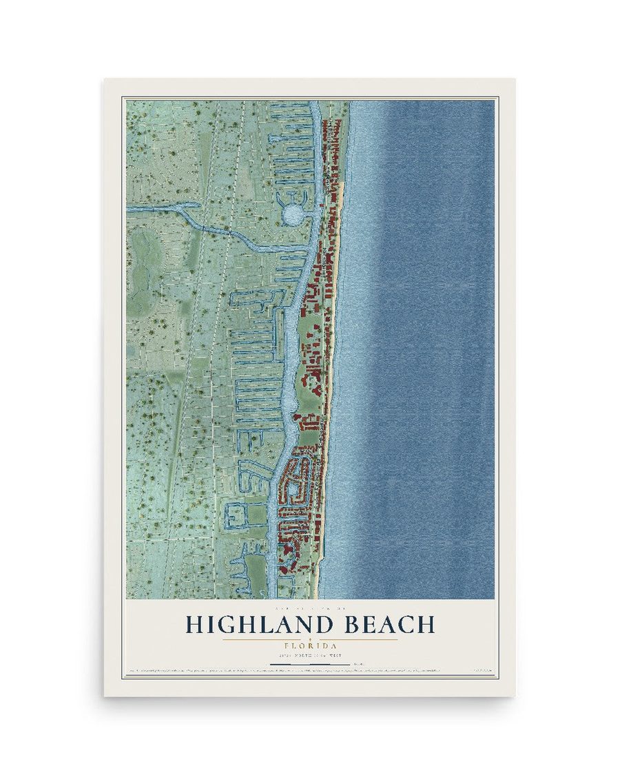 Highland Beach, Florida map print, 12 x 18 in, print only