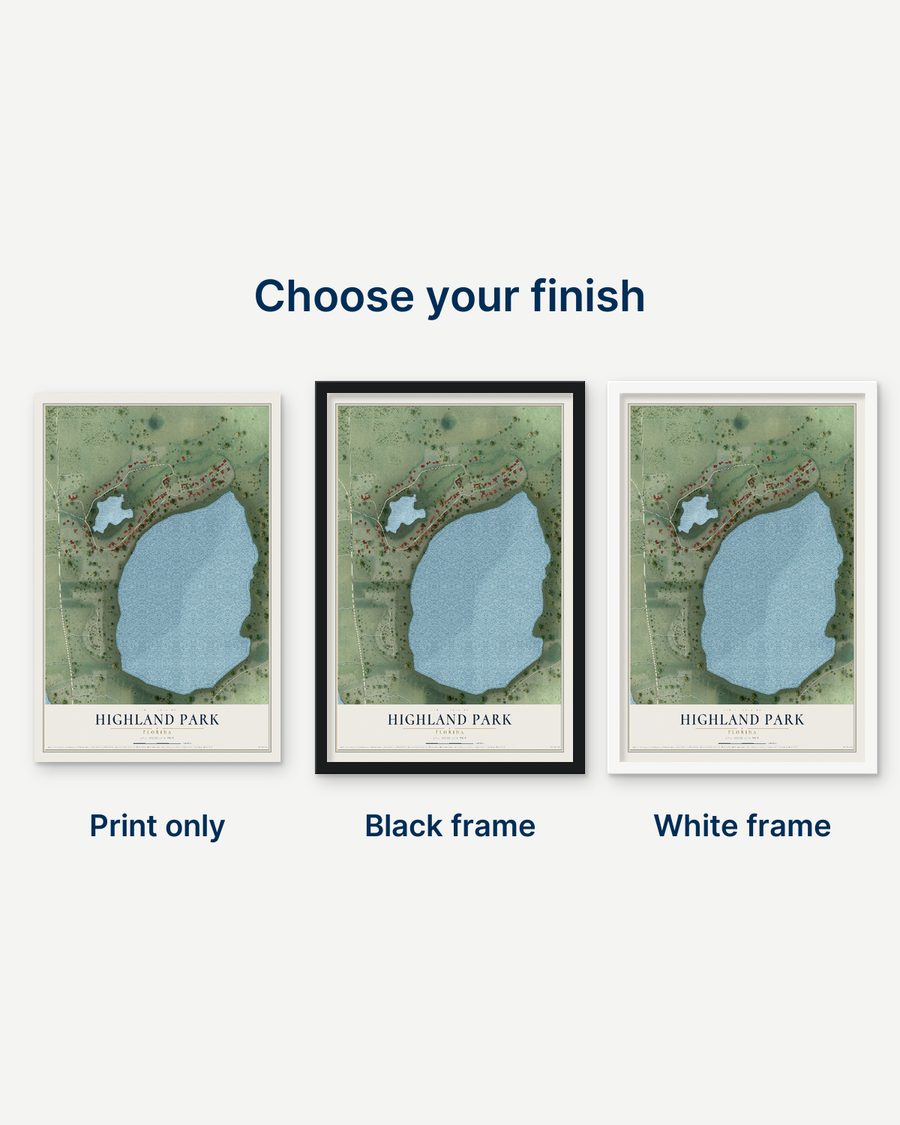 The Highland Park, Florida map as a print only, in a black frame and in a white frame