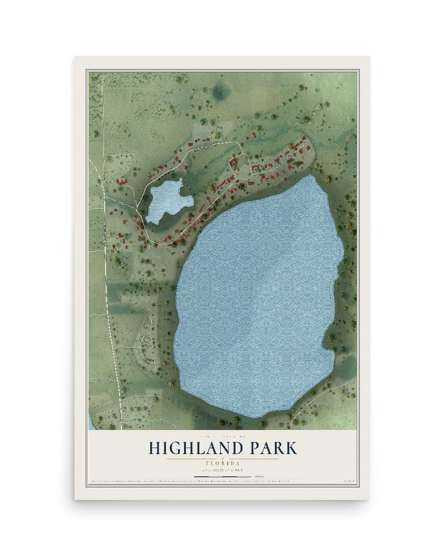 Highland Park, Florida map print, 12 x 18 in, print only