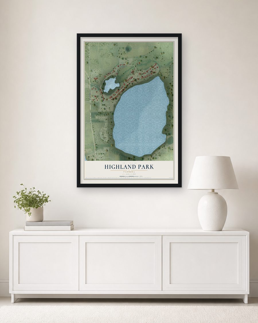 The Highland Park, Florida map, 24 x 36 in, in a black wood frame on a living room wall
