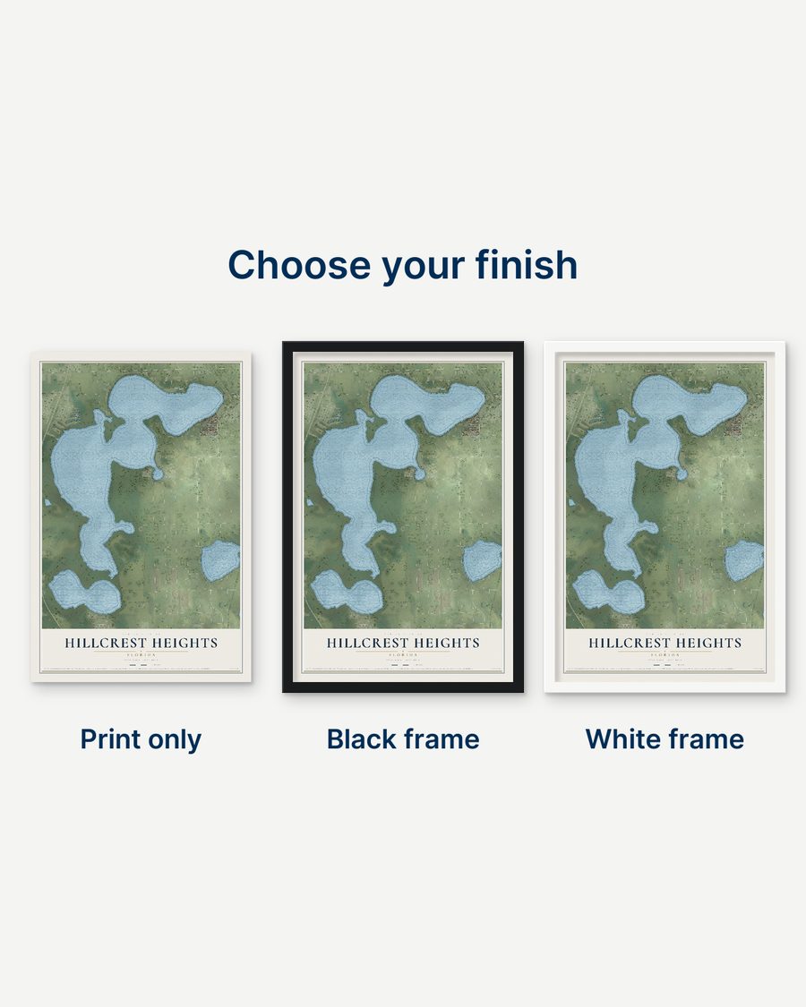 The Hillcrest Heights, Florida map as a print only, in a black frame and in a white frame