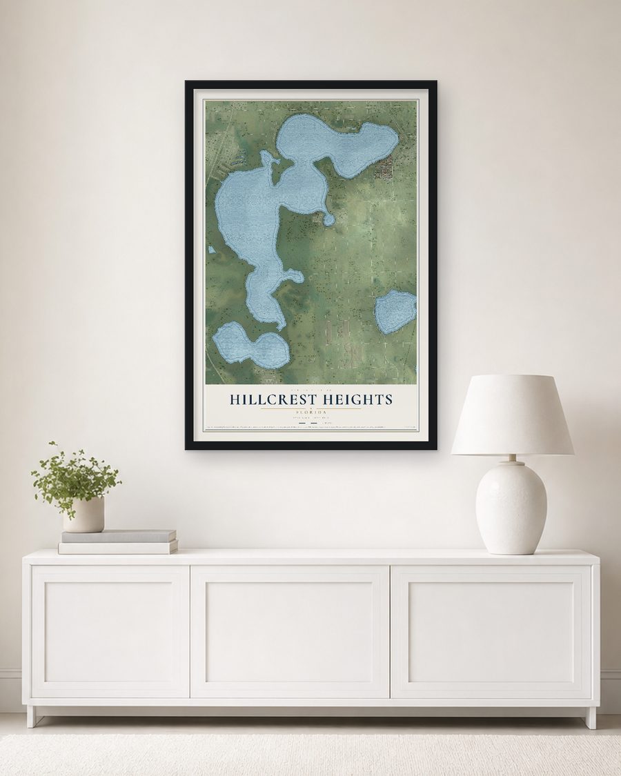 The Hillcrest Heights, Florida map, 24 x 36 in, in a black wood frame on a living room wall