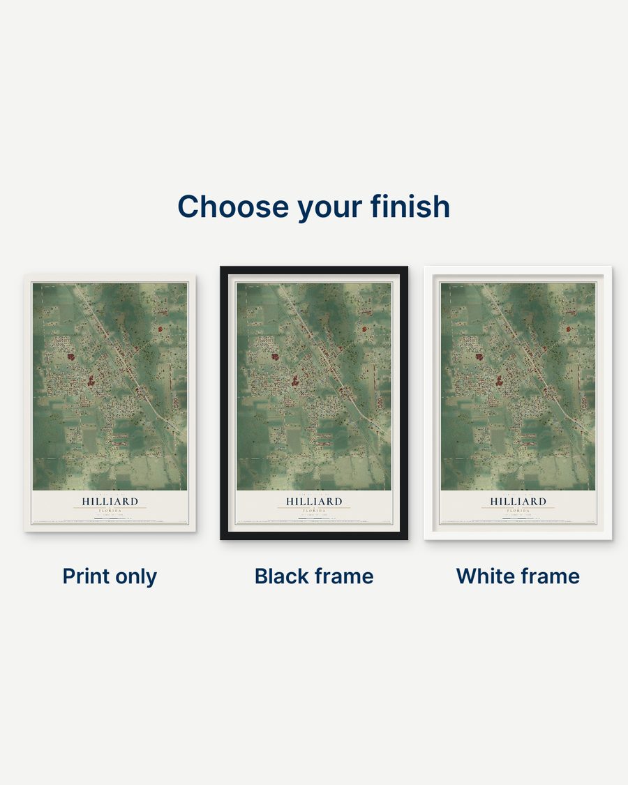 The Hilliard, Florida map as a print only, in a black frame and in a white frame