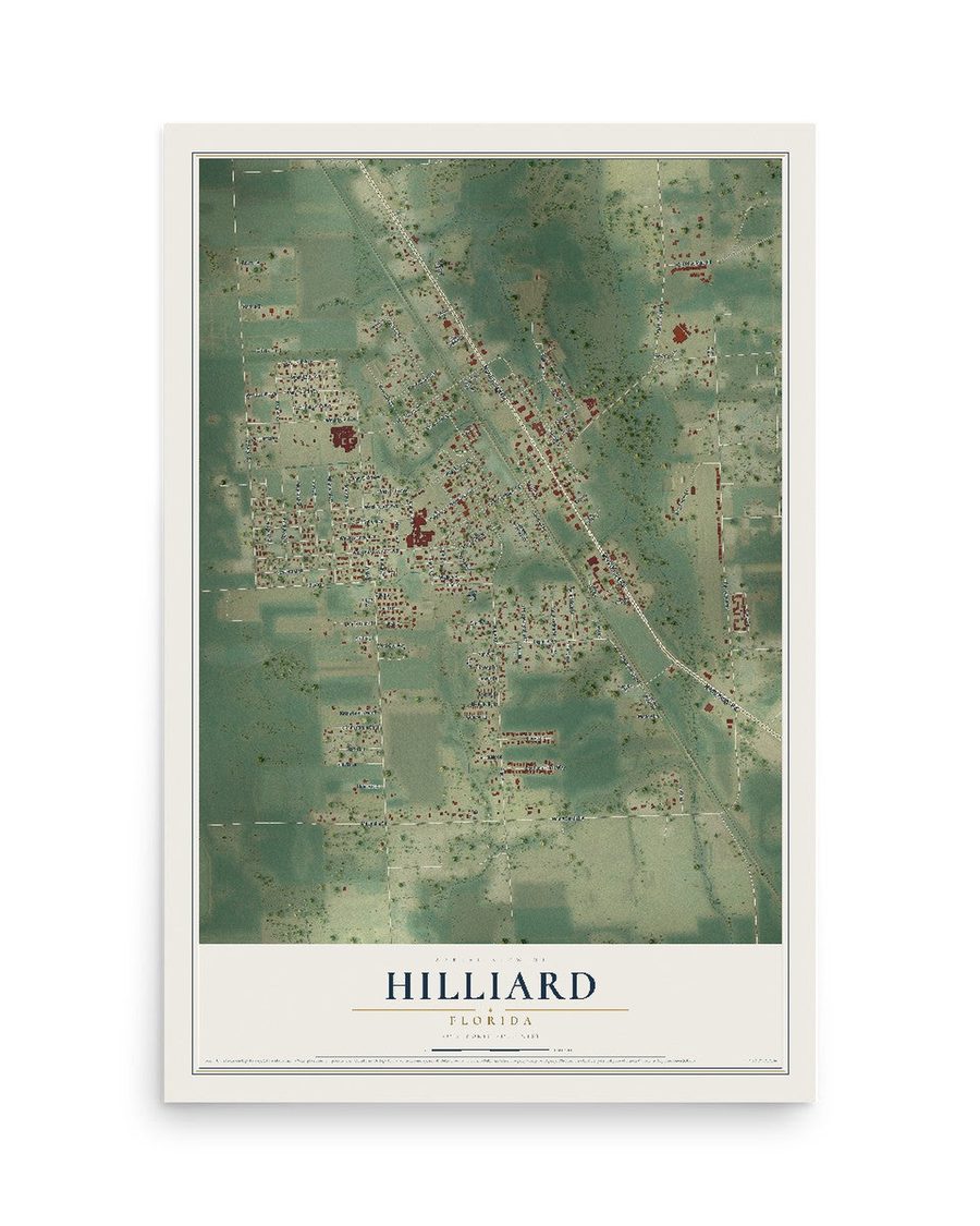 Hilliard, Florida map print, 12 x 18 in, print only