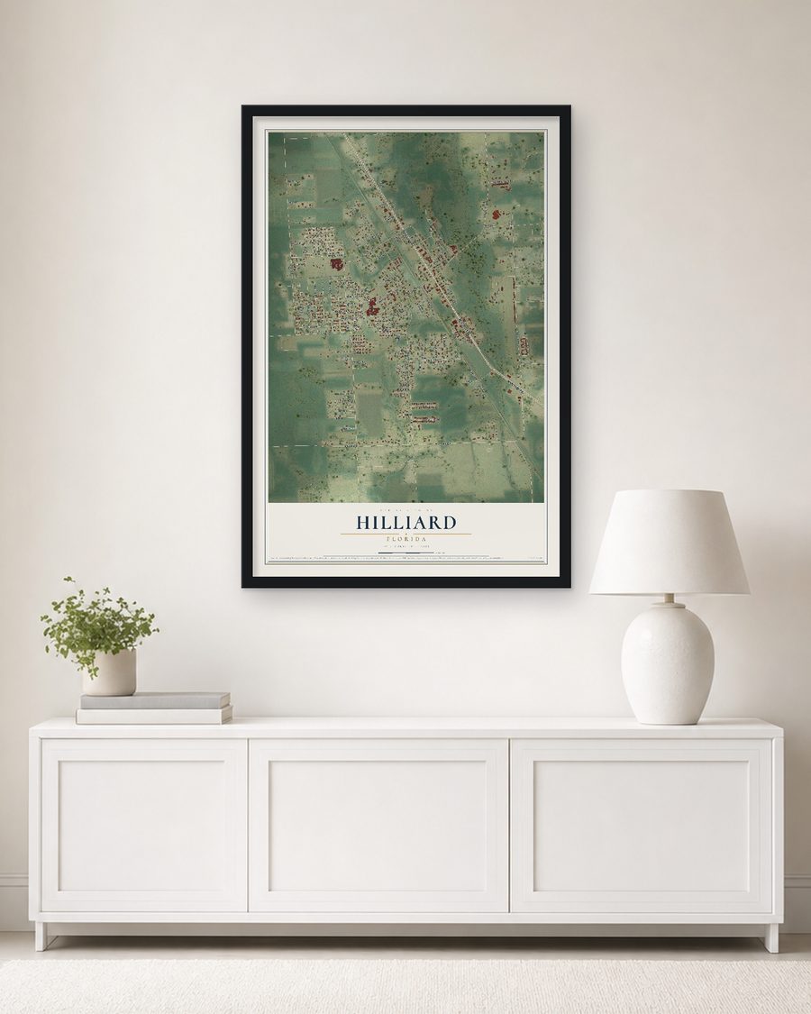 The Hilliard, Florida map, 24 x 36 in, in a black wood frame on a living room wall