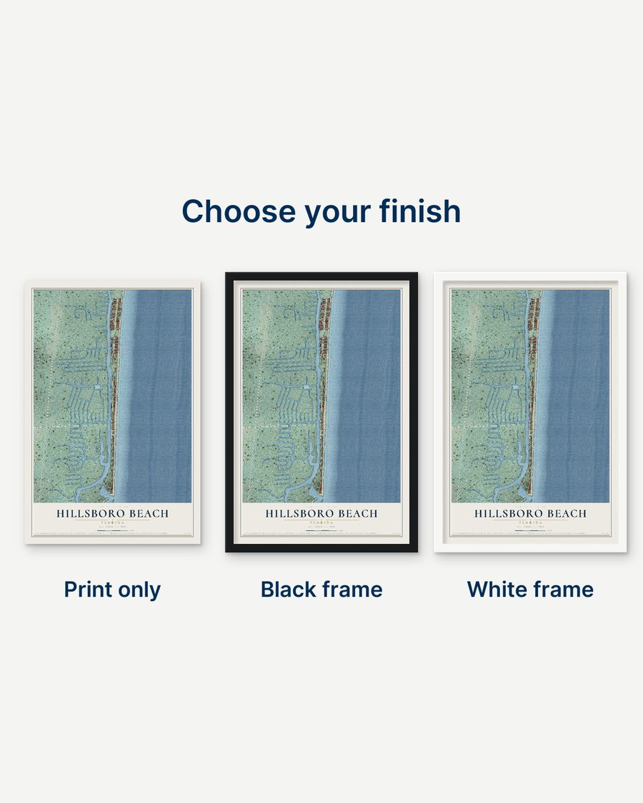 The Hillsboro Beach, Florida map as a print only, in a black frame and in a white frame