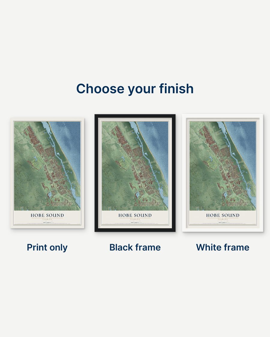 The Hobe Sound, Florida map as a print only, in a black frame and in a white frame