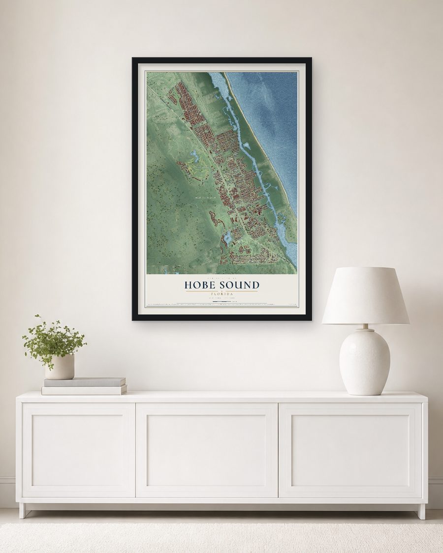The Hobe Sound, Florida map, 24 x 36 in, in a black wood frame on a living room wall