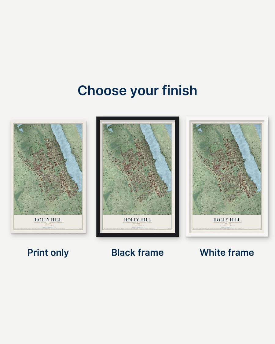 The Holly Hill, Florida map as a print only, in a black frame and in a white frame