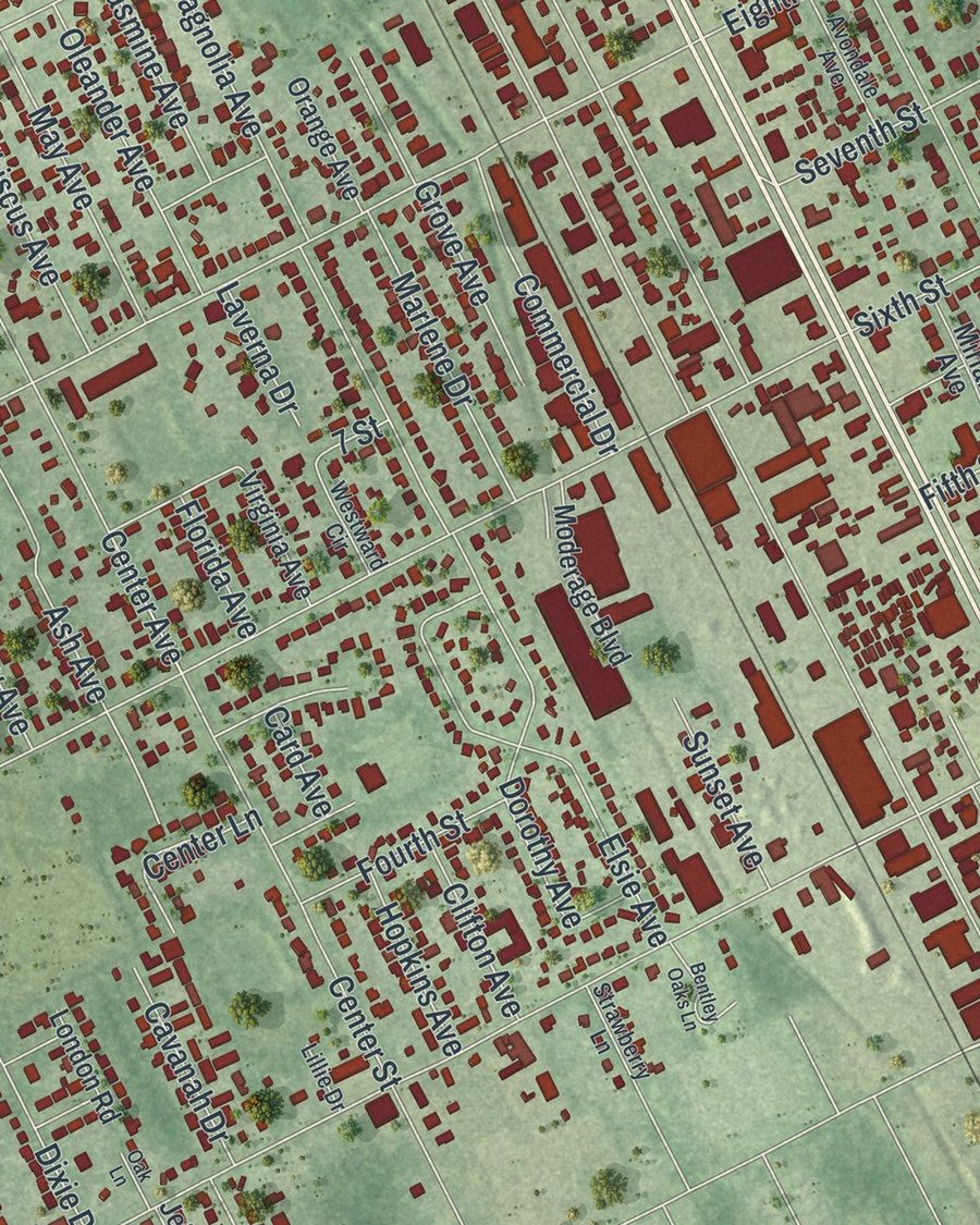 Close-up of Holly Hill streets on the map
