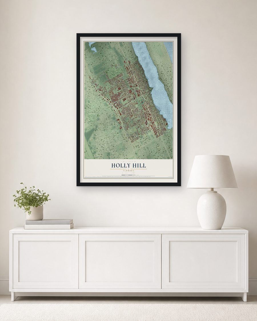The Holly Hill, Florida map, 24 x 36 in, in a black wood frame on a living room wall