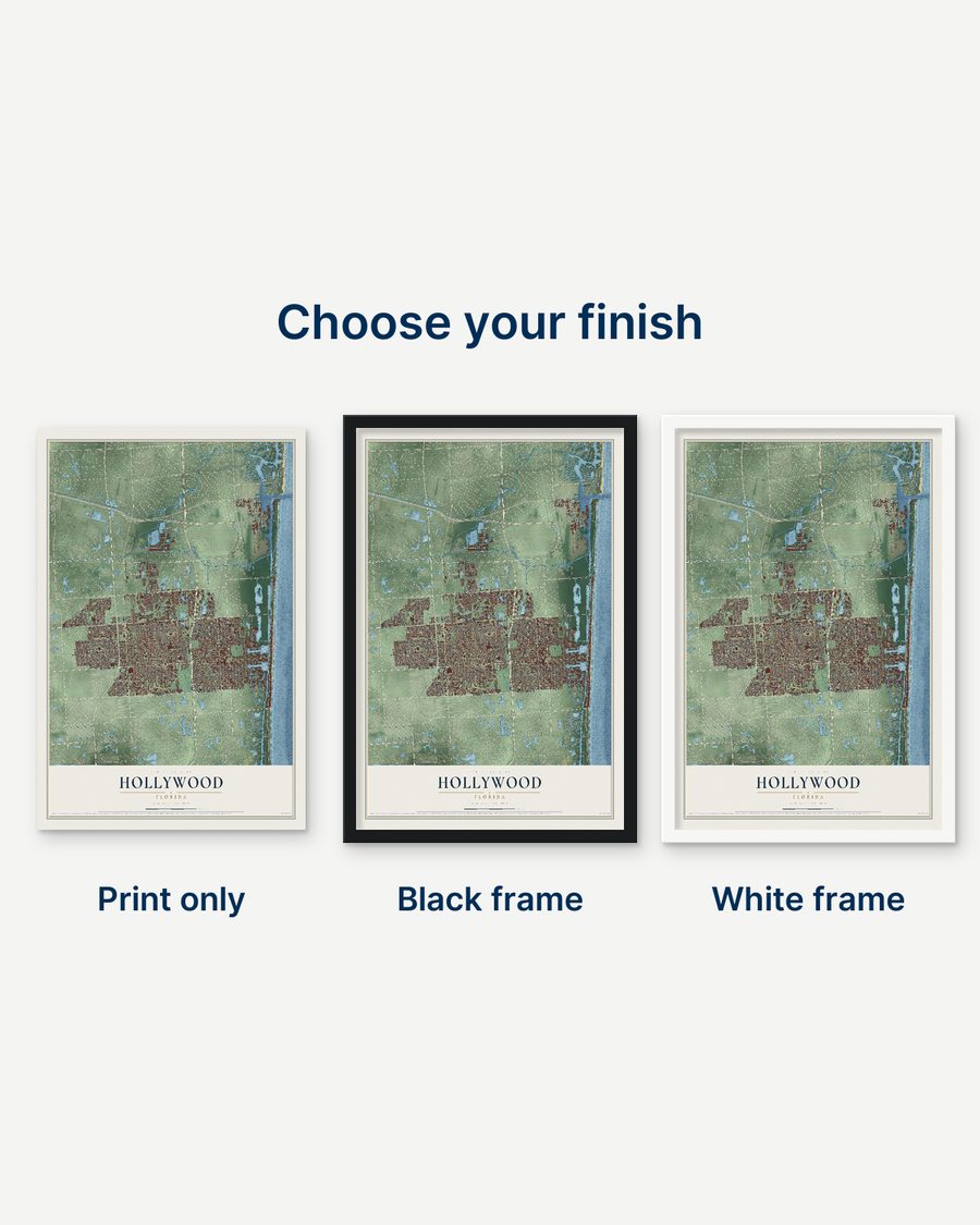 The Hollywood, Florida map as a print only, in a black frame and in a white frame