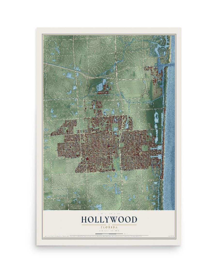 Hollywood, Florida map print, 12 x 18 in, print only