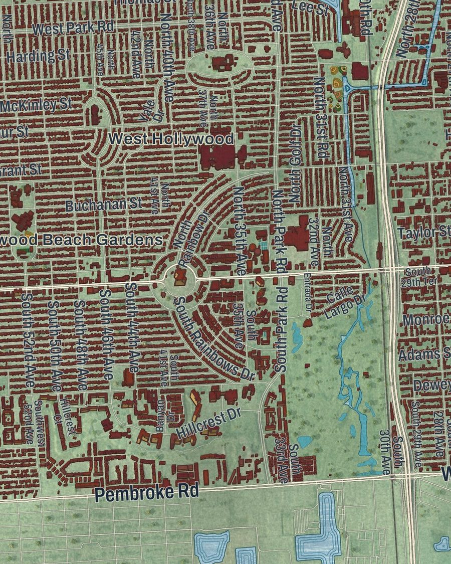 Close-up of Hollywood streets on the map