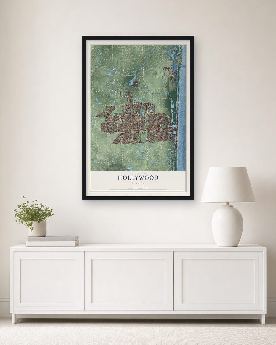 The Hollywood, Florida map, 24 x 36 in, in a black wood frame on a living room wall