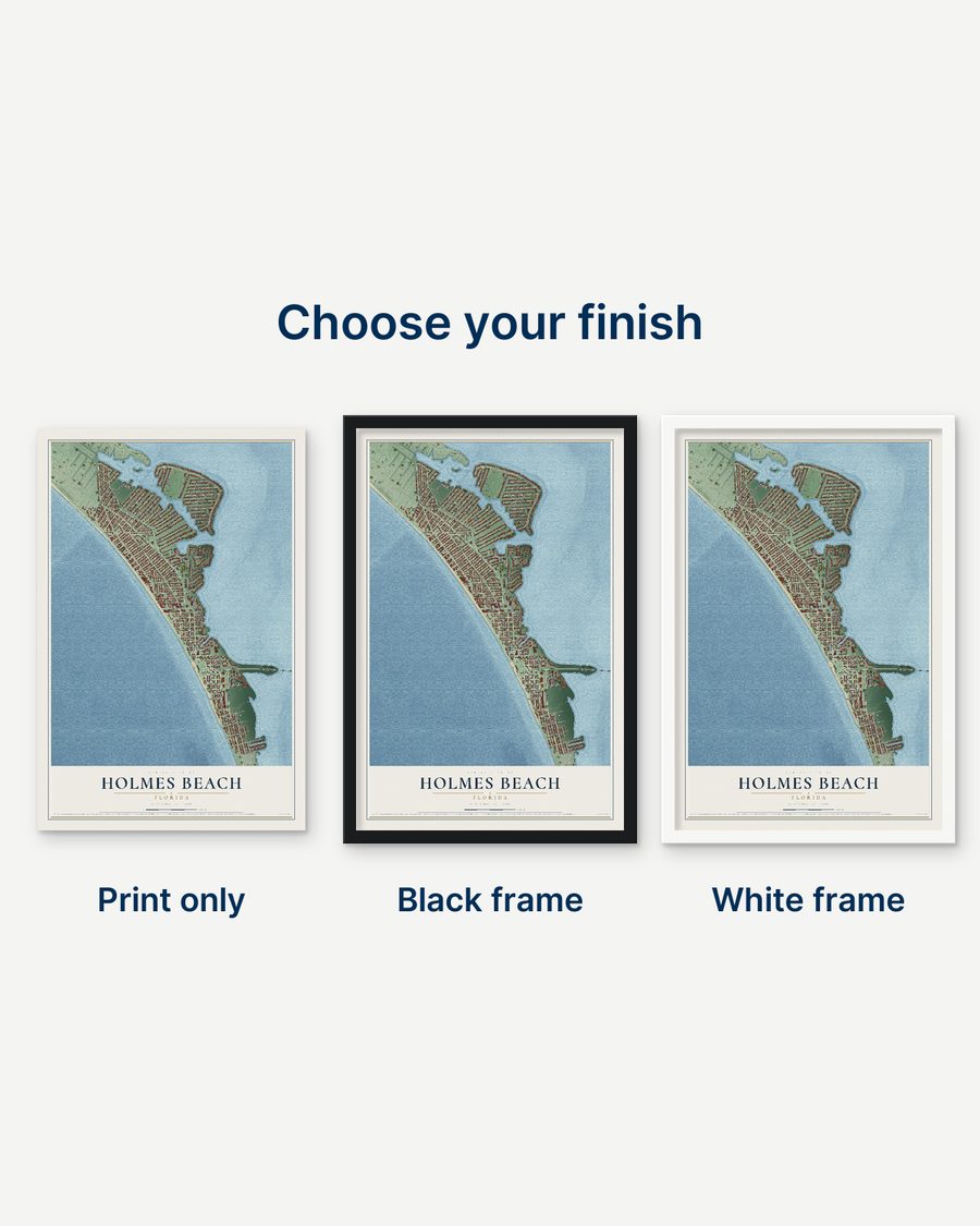 The Holmes Beach, Florida map as a print only, in a black frame and in a white frame