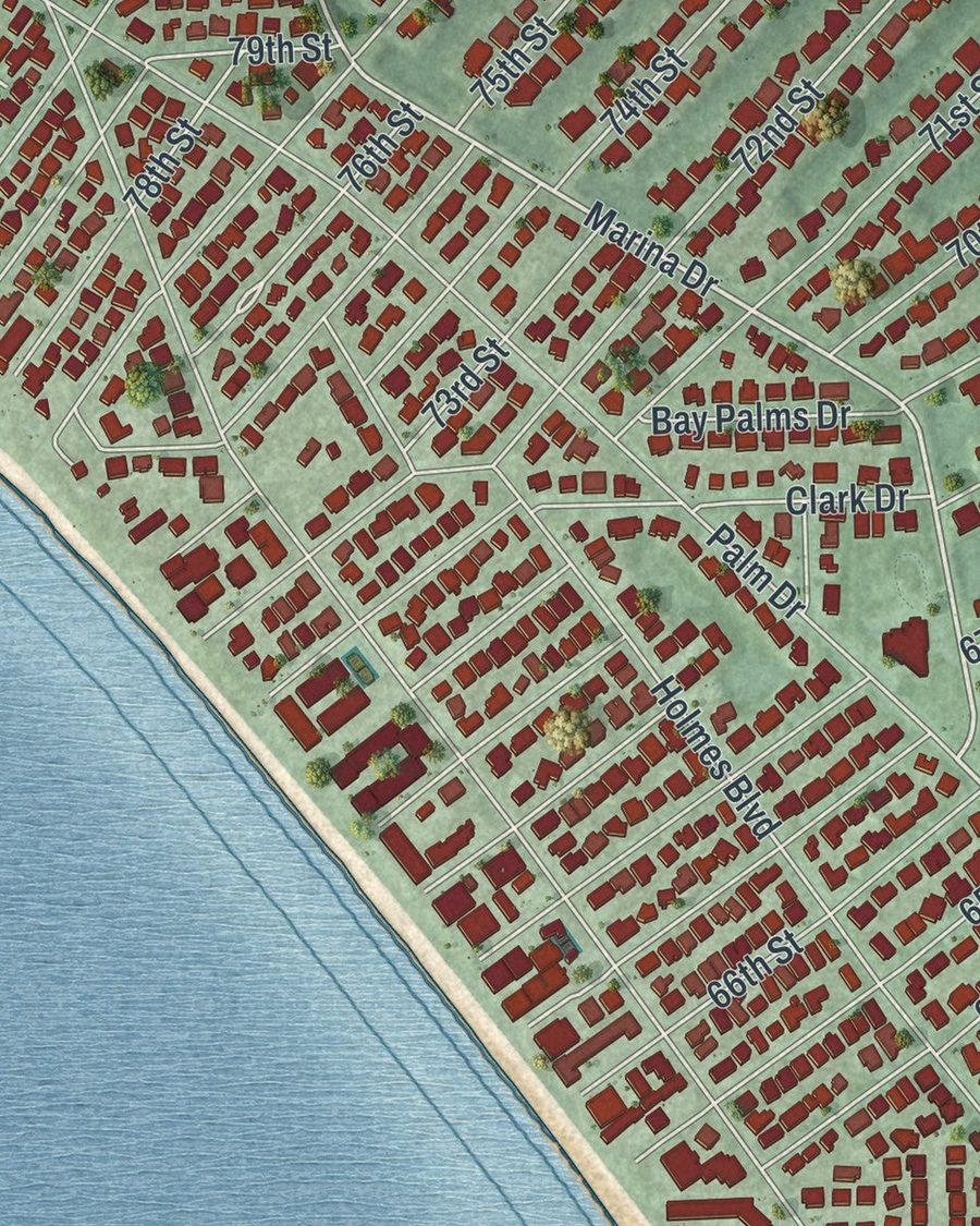 Close-up of Holmes Beach streets on the map