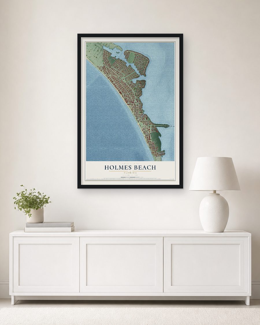The Holmes Beach, Florida map, 24 x 36 in, in a black wood frame on a living room wall