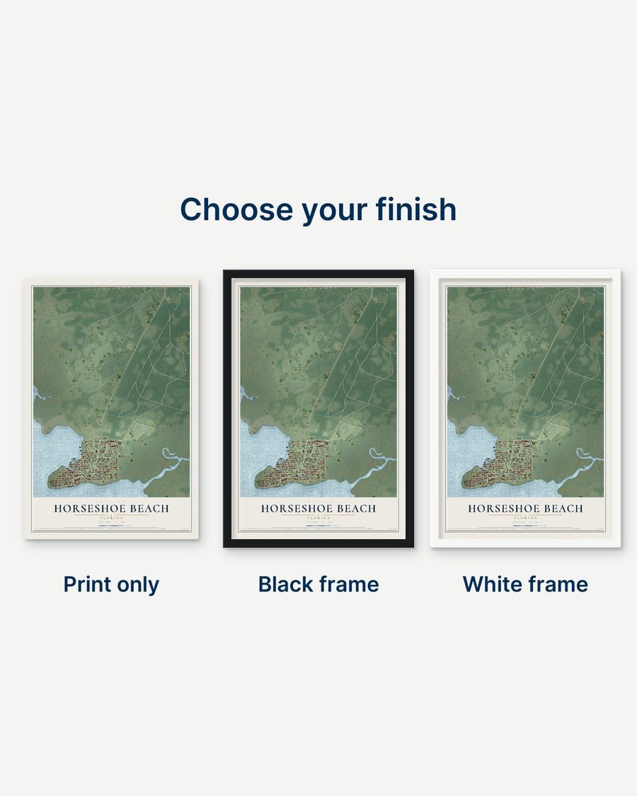 The Horseshoe Beach, Florida map as a print only, in a black frame and in a white frame
