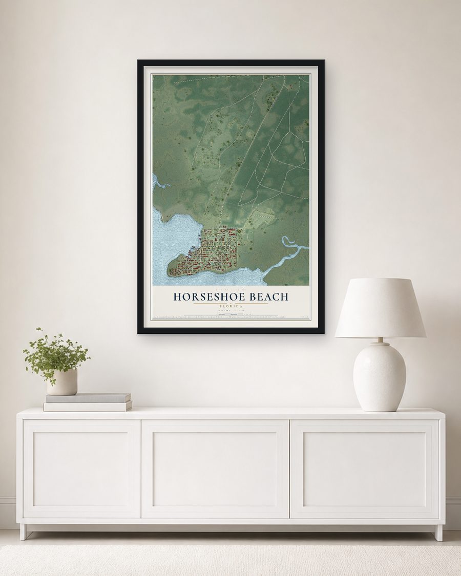 The Horseshoe Beach, Florida map, 24 x 36 in, in a black wood frame on a living room wall