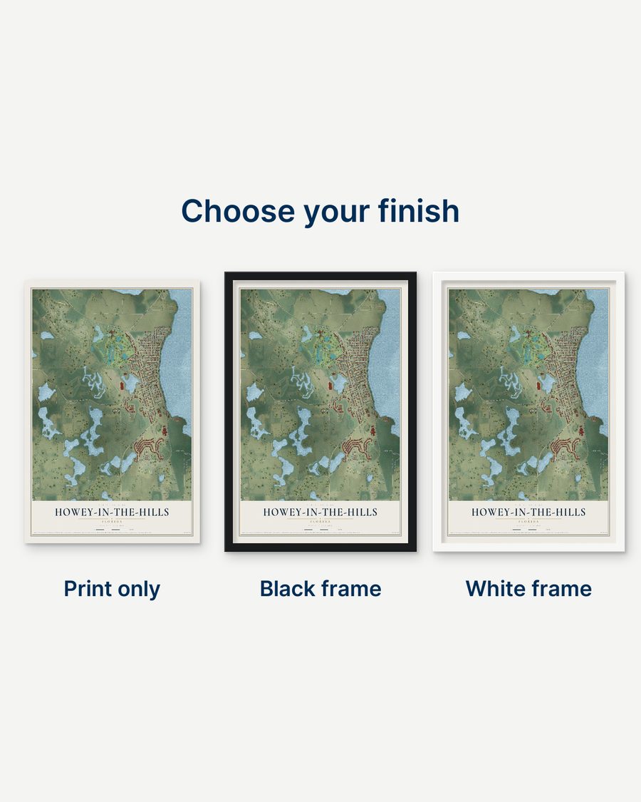 The Howey-in-the-Hills, Florida map as a print only, in a black frame and in a white frame