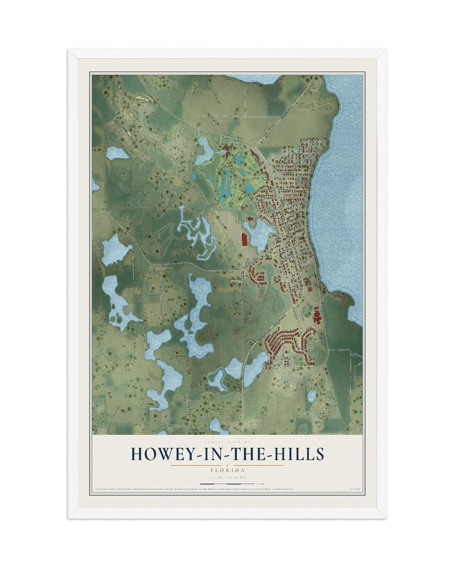 Howey-in-the-Hills, Florida map print, 12 x 18 in, white wood frame
