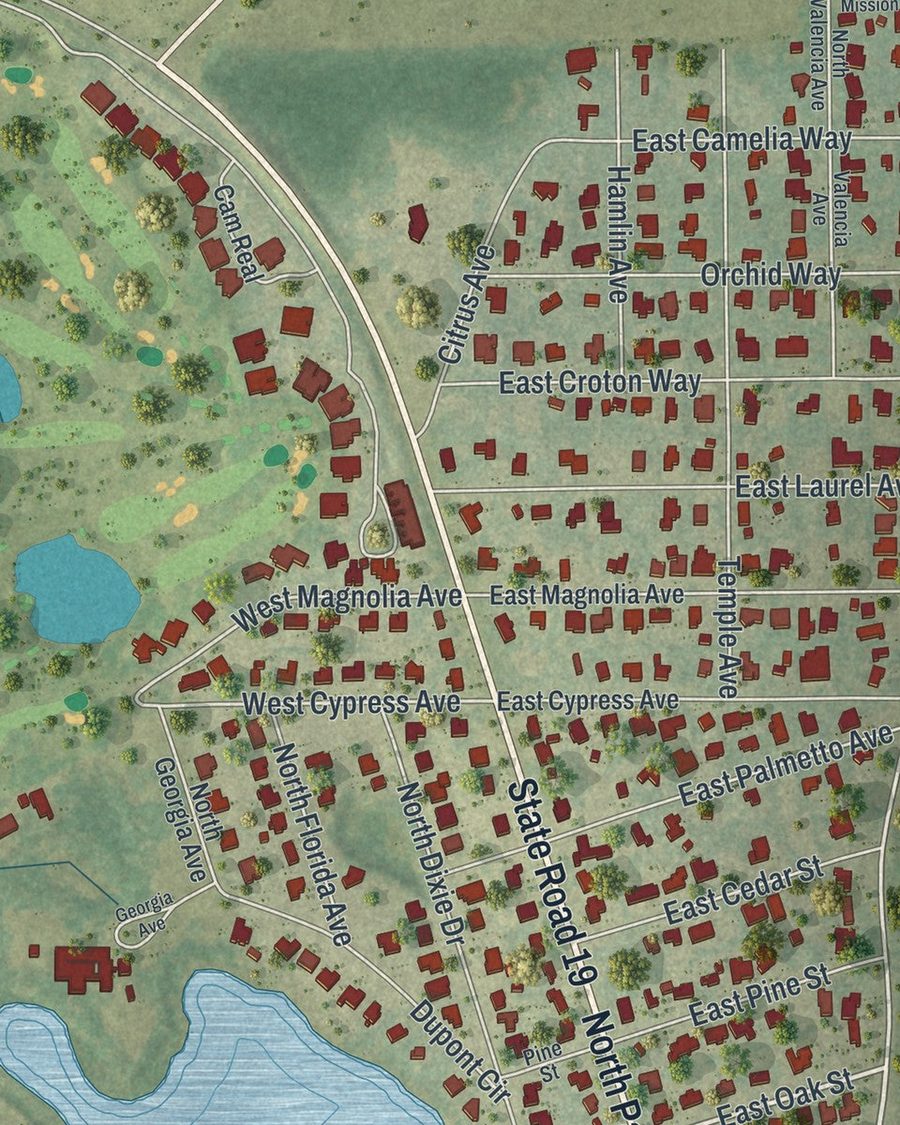 Close-up of Howey-in-the-Hills streets on the map