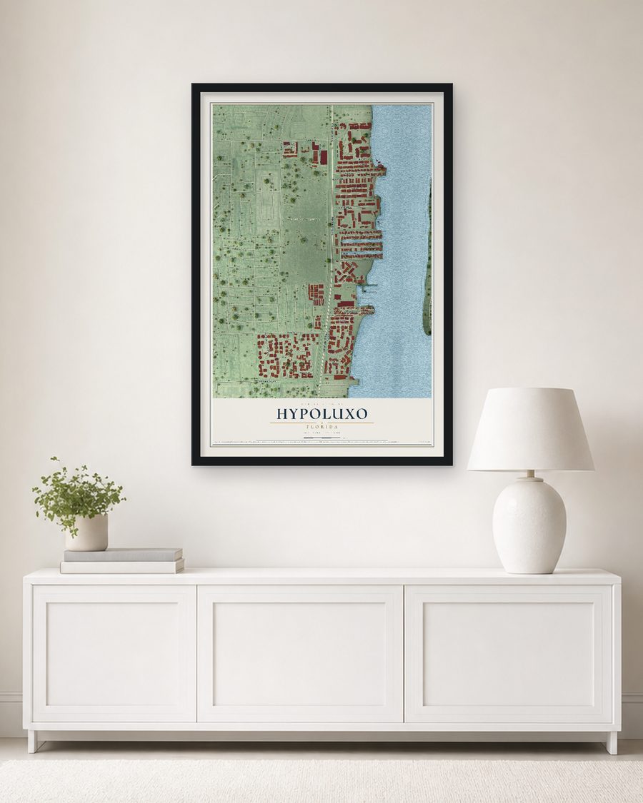 The Hypoluxo, Florida map, 24 x 36 in, in a black wood frame on a living room wall