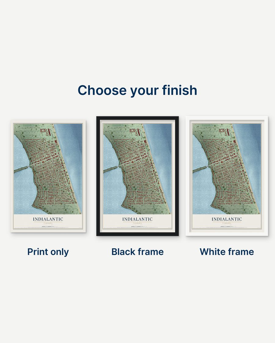 The Indialantic, Florida map as a print only, in a black frame and in a white frame