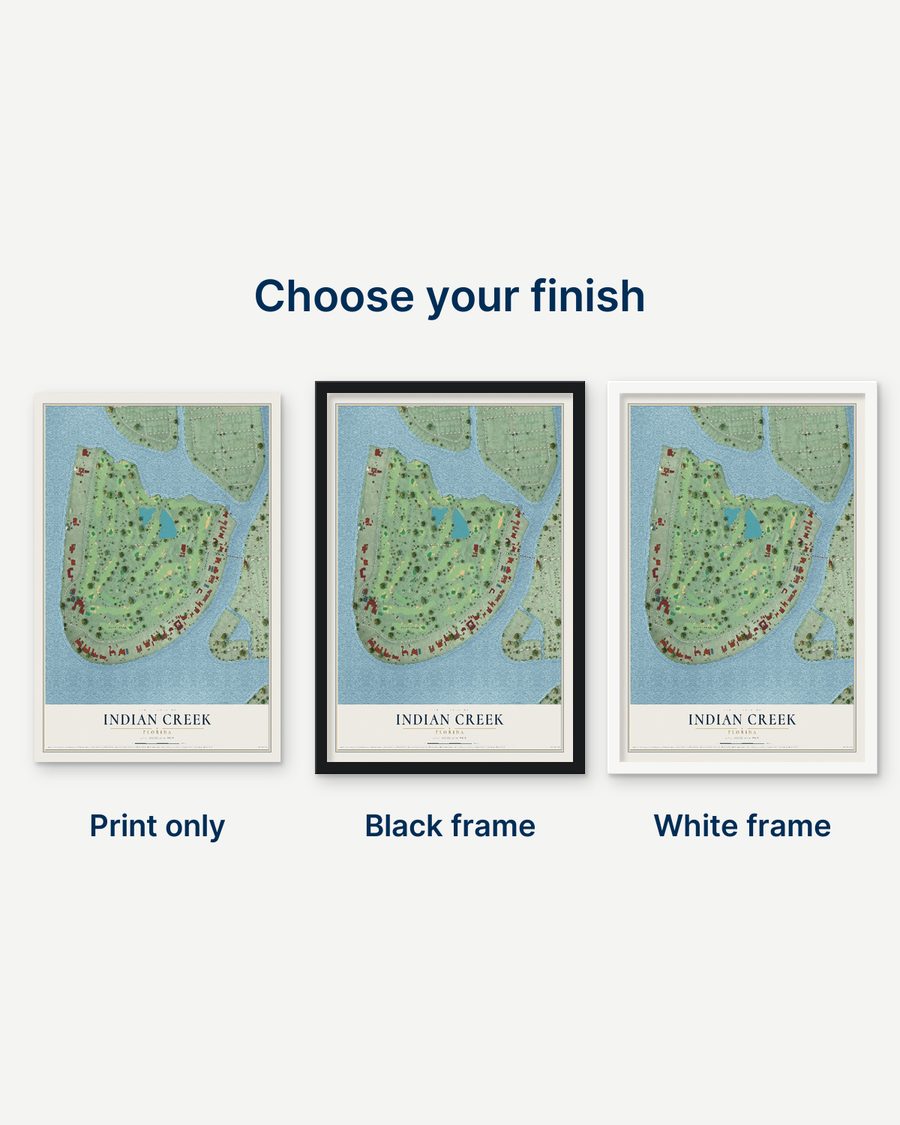The Indian Creek, Florida map as a print only, in a black frame and in a white frame